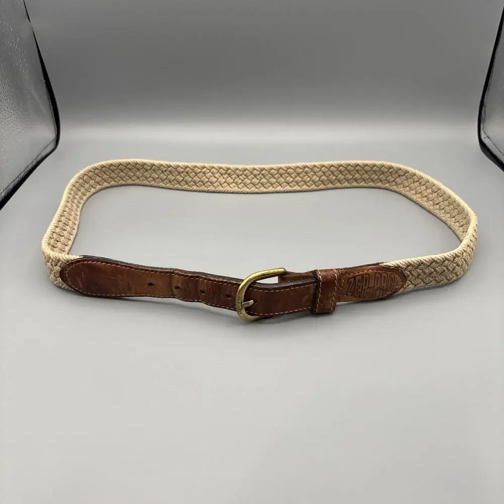Vintage Zep-Pro Sport Belt 36 Woven Rope Leather Brass Buckle Made USA
